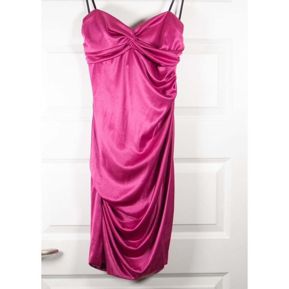 Hot Pink Satin Midi Dress Draped Ruched Party Dress Jr Sz 7/8